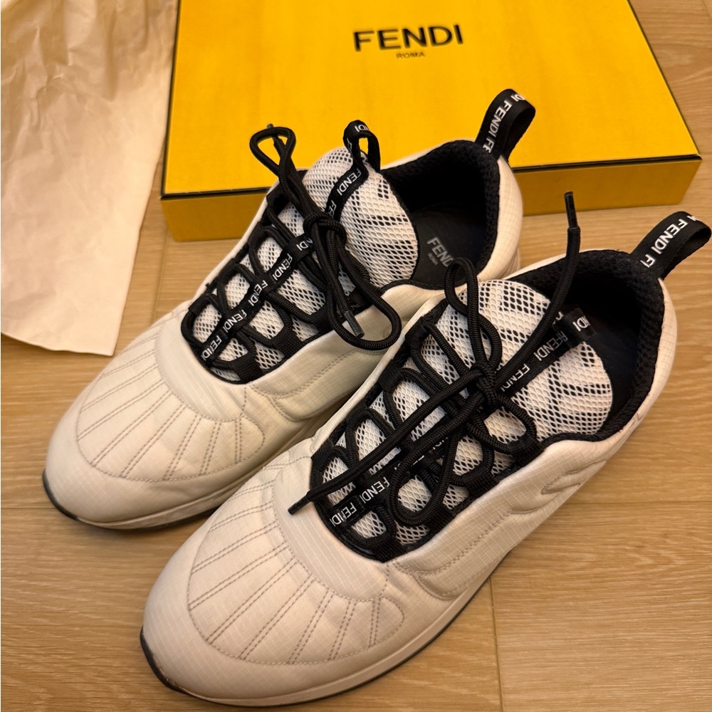 Fendi White and Black Logo Lace-Up Athletic Sneakers